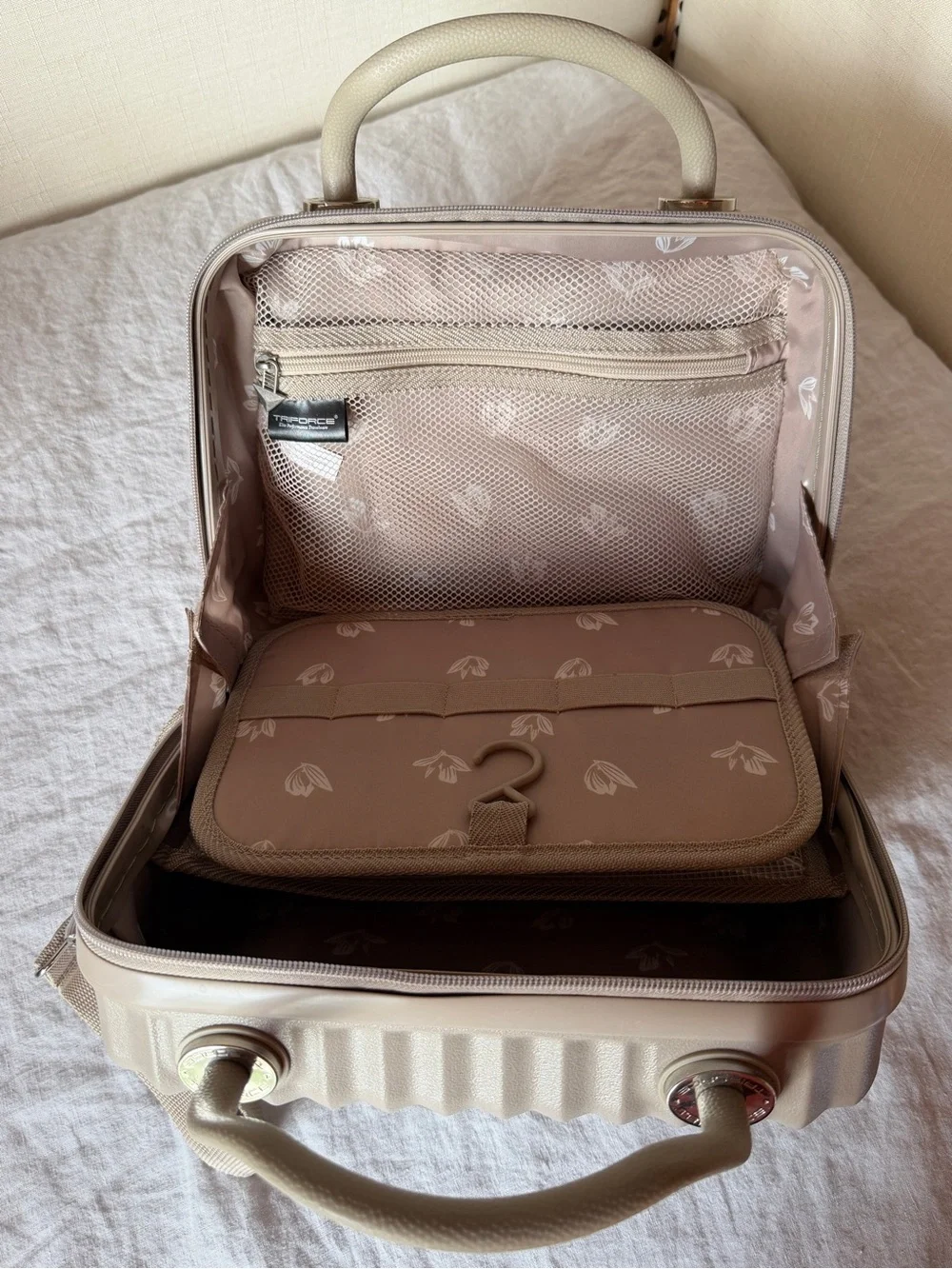 Textured Taupe Hard-Shell Cosmetic Case with Shoulder Strap